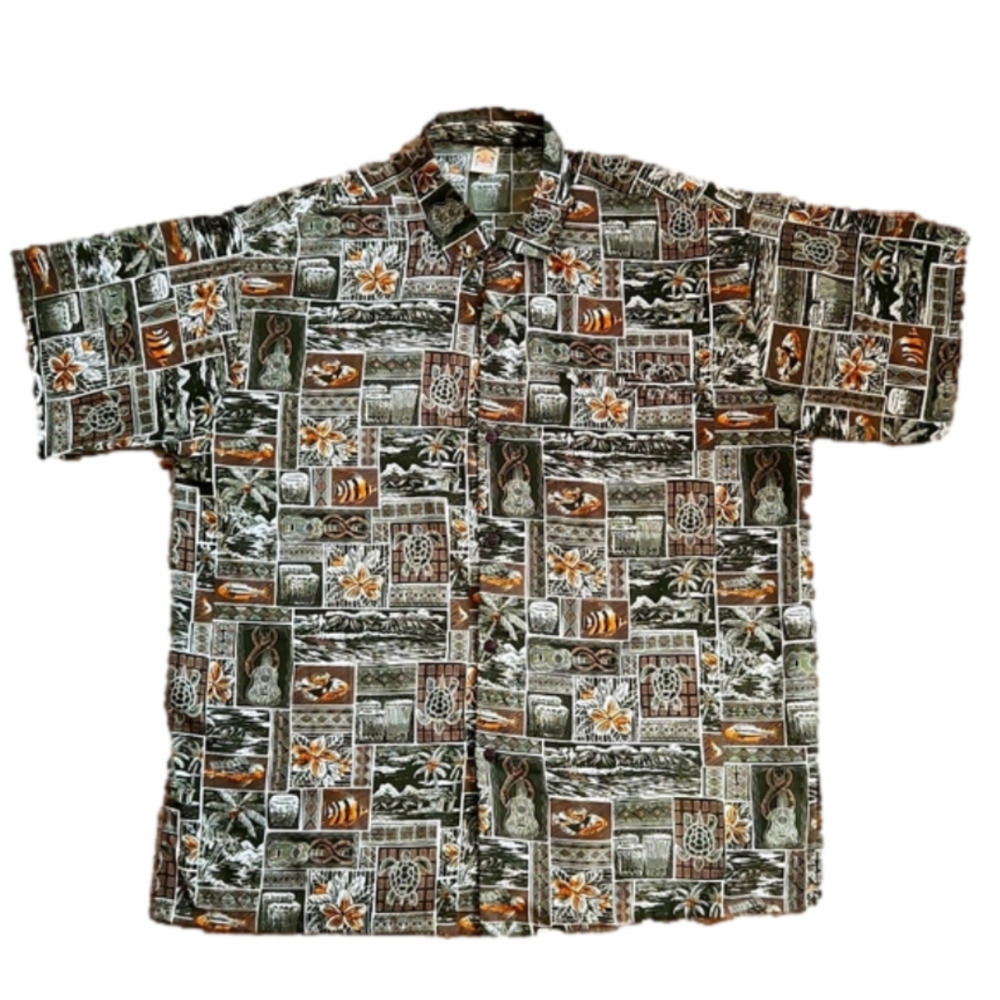 3/$20 Creations Green Island Print Button-Up Shirt
